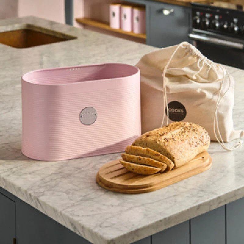Image of Cooks Professional Ribbed Bread Bin With Linen Bag & 2-In-1 Bamboo Cutting Board Lid - Pink & Silver