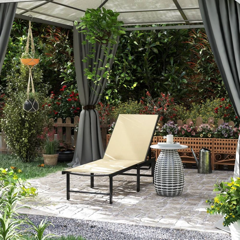 Image of Outsunny Sun Lounger, 5-Level Reclining Sunbed, Khaki, Cream 84G-596V00KK