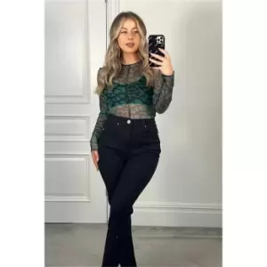 Image of I Saw It First Teal Seam Detail Printed Mesh Long Sleeve Bodysuit - Green