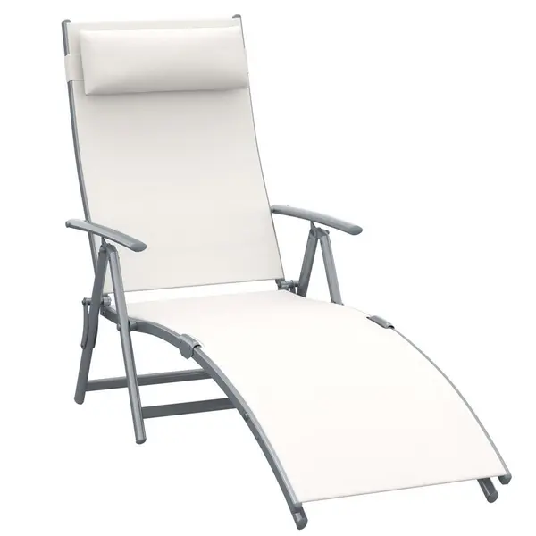 Image of Outsunny Sun Lounger Steel Frame Outdoor Folding Chaise Texteline Lounge Chair Recliner with Headrest & 7 Levels Adjustable Backrest, Cream White 84B-