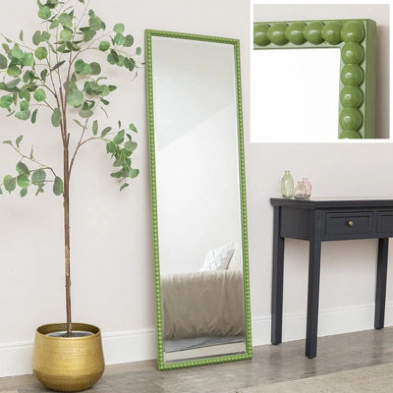 Image of Melody Maison Large Rectangle Olive Green Bobbin Bobble Wall Mirror 168cm X 54cm Light Green