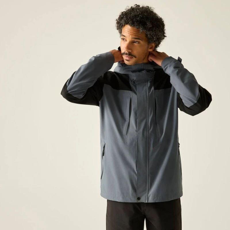 Image of Regatta Mens Freesdale Panelled Hooded Walking Waterproof Jacket in Dark Grey Size: Small Dark Grey Male S