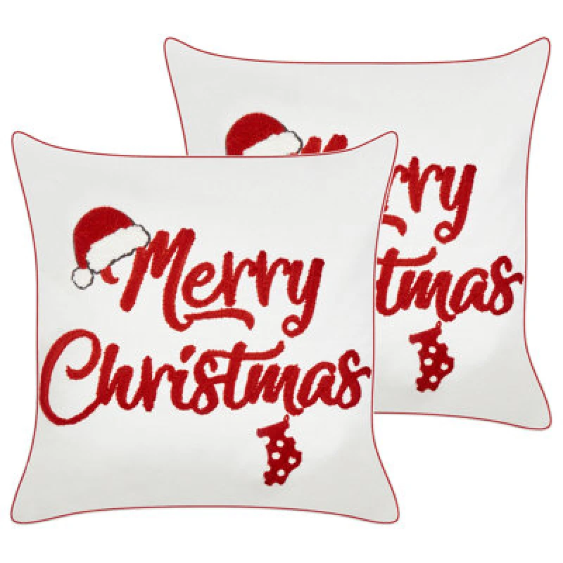 Image of Beliani Set Of 2 Decorative Cushions Pizzelle Cotton 45 X 45cm Off-White Christmas Motif