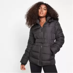 Image of Missguided Belted Hooded Puffer Coat - Black