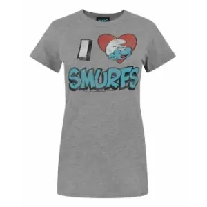 Image of Junk Food Womens/Ladies I Love Smurfs The Smurfs T-Shirt (S) (Grey Marl)