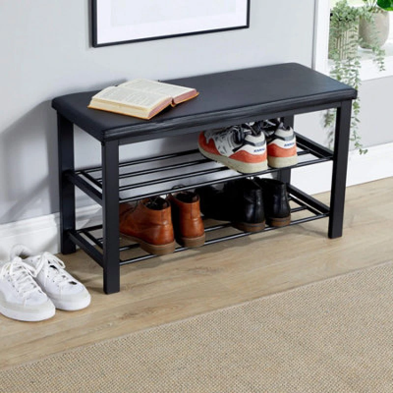 Image of Home Source Metal Shoe Bench with Storage Shelf Black