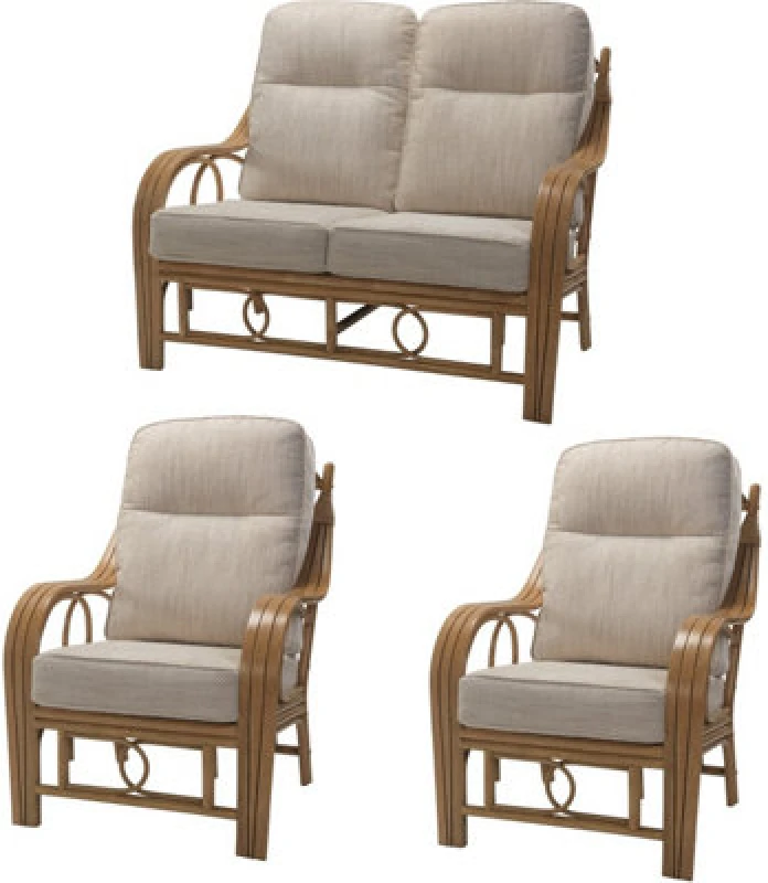 Image of Desser Madrid Light Oak Natural Rattan 2 Seater Sofa & 2 Armchairs Indoor Real Cane Conservatory Suite W/ UK Sewn Jasper Cushions