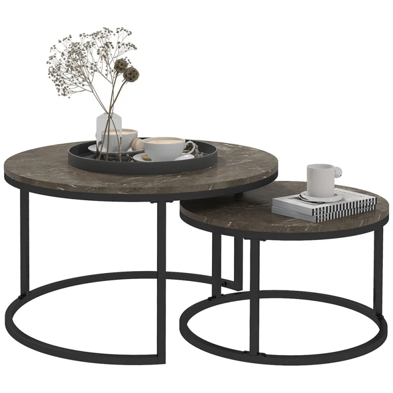 Image of HOMCOM 2 Pcs Stacking Coffee Table Set Steel Frame Marble-effect Top Foot Pads 833-873V80GY