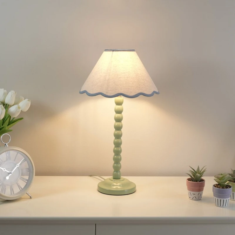 Image of ValueLights Bobbins Sage Green Table Lamp with Tapered Natural Linen Scallop Shade Blue