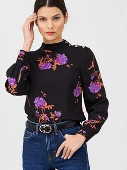 Image of Oasis Button Shoulder Violet Floral Top - Multi Black, Multi Black, Size 10, Women