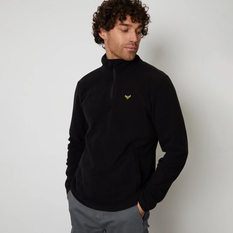 Image of Threadbare 'Blade' Quarter Zip Fleece Sweatshirt Black