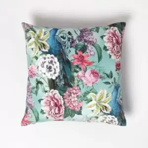Image of Homescapes - Floral Peacock Pink & Green Filled Velvet Cushion 46 x 46cm - Green