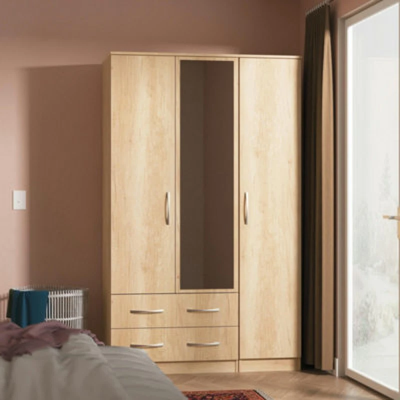 Image of Hampshire Triple 2 Drawer Mirrored Wardrobe In Nebraska Oak (Ready Assembled)