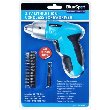 Image of Bluespot - 12066 3.6V Lithium-ion Cordless Screwdriver with 11 Piece bits