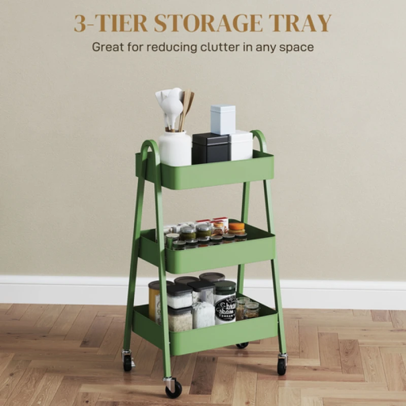 Image of HOMCOM HOMCOM 3-Tier Storage Trolley on Wheels with Handles for Living Room, Kitchen in Green Green One Size Unisex 5063603577404