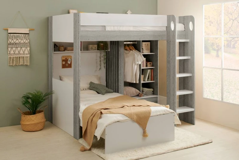 Image of Flair Hampton L Shape Bunk Bed with Wardrobe in Grey Size: Single Grey Unisex Single