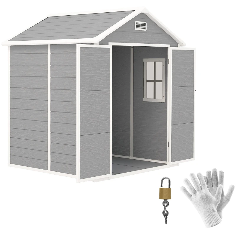 Image of Outsunny 6 x 5ft Resin Garden Shed with Floor and Window, Dark Grey Light Grey
