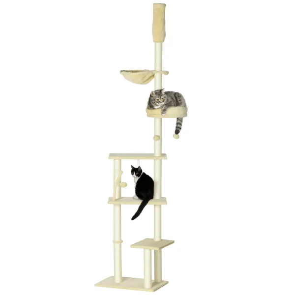 Image of PawHut Floor to Ceiling Cat Tree, 6-Tier Play Tower Climbing Activity Center w/ Scratching Post, Platforms, Adjustable Height, Beige