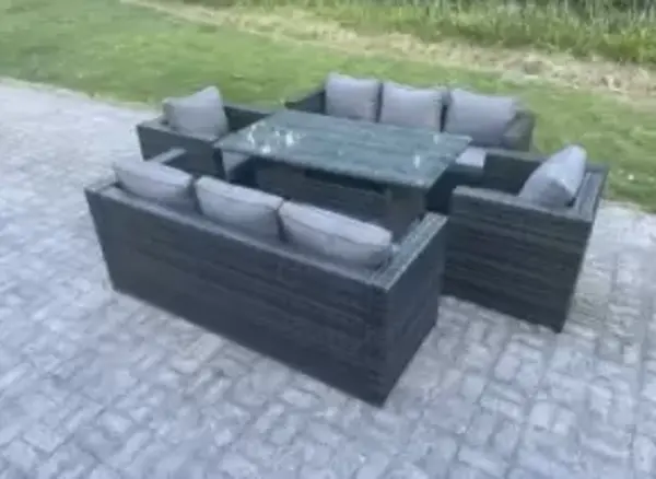 Image of Fimous 8 Seater Outdoor Dark Grey Rattan Lounge Complete Sofa Set with Rectangular Dining Table