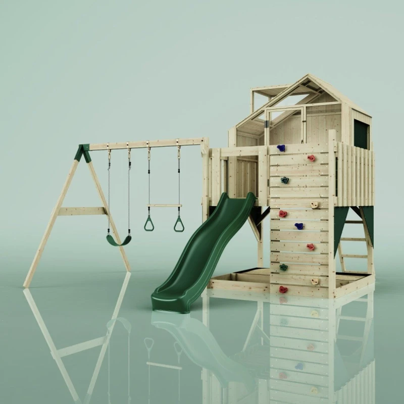 Image of OutdoorToys PolarPlay Kids Climbing Tower & Playhouse - Swing Odin Green in Beige Beige Unisex