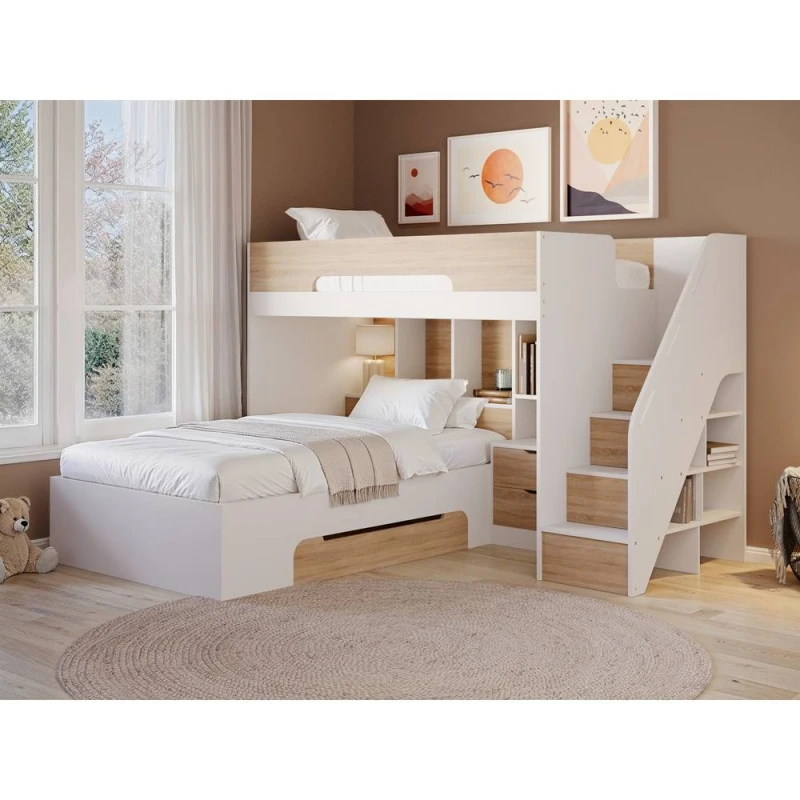 Image of Flair Greyson Staircase Triple Bunk Bed with Storage in Light Oak Size: Small Double Light Oak Unisex Small Double