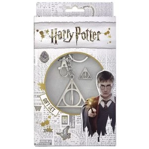 Image of Harry Potter Deathly Hallows Keyring and Pin Badge Set