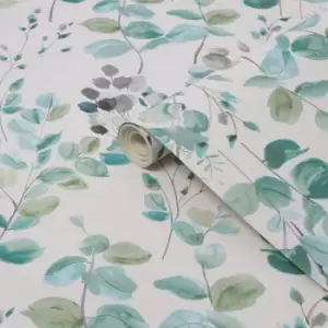 Image of Fresco Watercolour Green Leaves Wallpaper