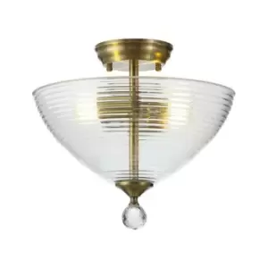 Image of Luminosa Talisa 2 Light Semi Flush Ceiling Lamp E27 With Round 33.5cm Prismatic Effect Glass Shade Antique Brass, Clear