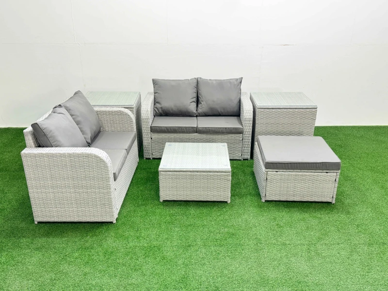Image of Fimous 5 Seater Outdoor Love Sofa Set Rattan Garden Furniture Set with Square Coffee Table Big Footstool 2 Side Tables Light Grey Light Grey