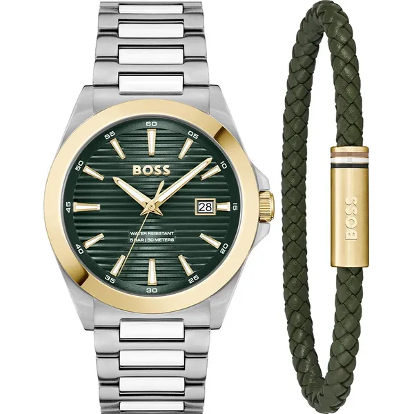 Image of Boss Strike Watch & Bracelet Gift Set Silver/Green One Size