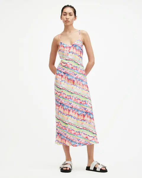 Image of AllSaints Bryony Rainbow Print Midi Slip Dress