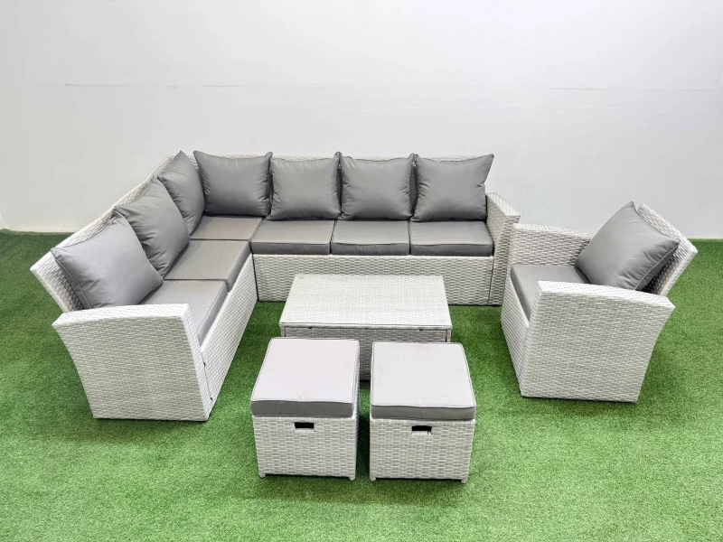 Image of Fimous 9 Seater Garden Outdoor PE Rattan Furniture Set with 2 Small Stools in Light Grey Light Grey Unisex