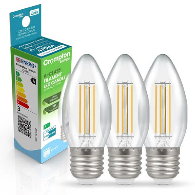 Image of Crompton Lamps LED Ultra-Efficient Candle 2.2W E27 A-Class Warm White Clear (40W Eqv)