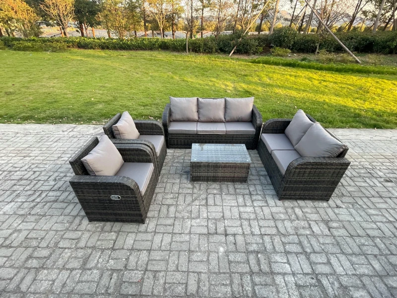 Image of Fimous Rattan Garden Furniture Set Outdoor Patio Sofa, Table and Chairs Garden Table Ideal for Pool Side, Balcony, Outdoor Conservatory Patio Set Dark