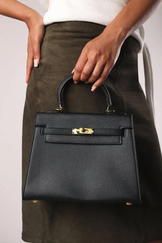 Image of Where's That From Womens 'Lluvia' Top Handle Satchel Mini Tote Bag with Turn-Lock Closure in Black Female