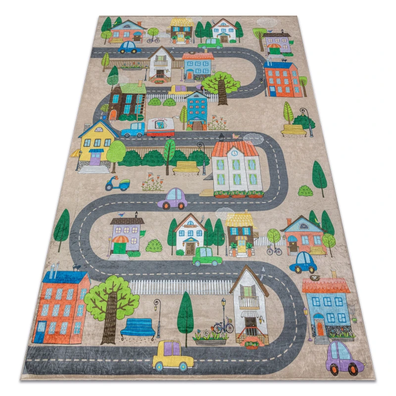 Image of RugsX Bambino 34600 Washing Carpet City, Streets For Children Anti Slip - Beige / Grey 200X290 Cm