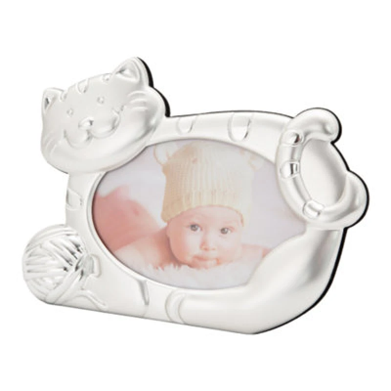 Image of Happy Homewares Fun Smiling Cat Themed Satin Silver Picture Frame With String Ball