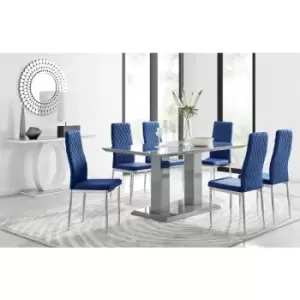 Image of Furniturebox UK - Furniturebox Imperia 6 High Gloss Grey Modern Dining Table and 6 Navy Milan Faux Leather Dining Chairs With Silver Legs Diamond