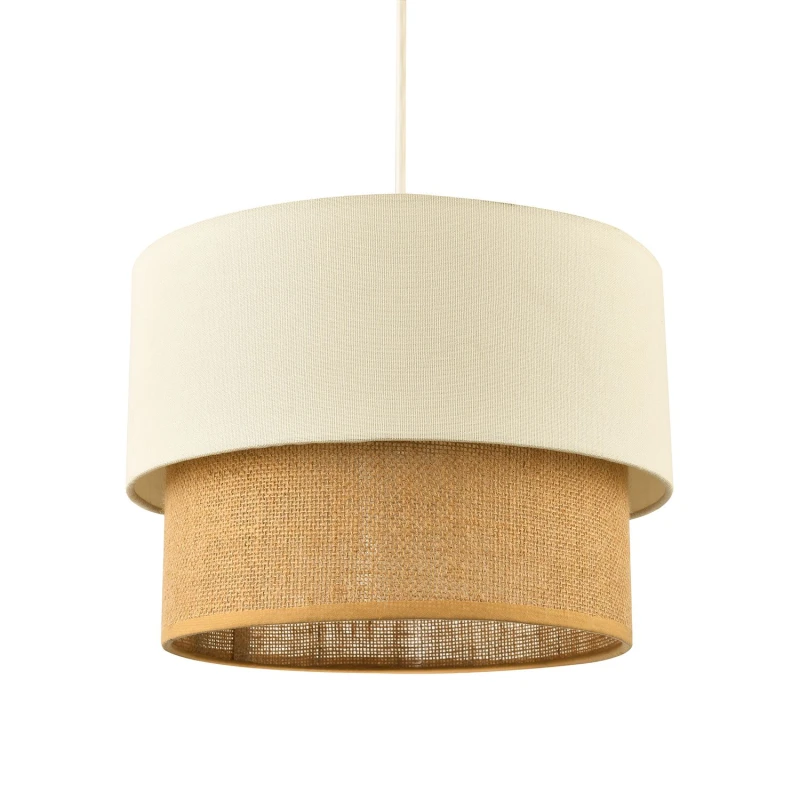Image of Happy Homewares Modern Designer Two Tier Cream Linen & Natural Rattan Pendant Shade in Brown Brown Unisex