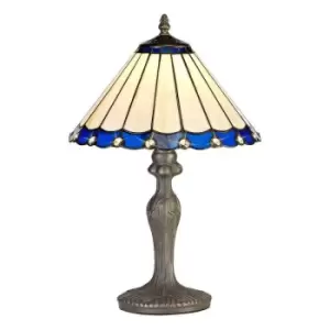 Image of Luminosa Lighting - 1 Light Curved Table Lamp E27 With 30cm Tiffany Shade, Blue, Crystal, Aged Antique Brass