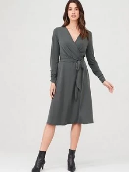 Image of Wallis Wrap Fit & Flare Dress - Khaki, Size 14, Women