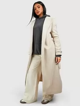 Image of Boohoo Wool Look Oversized Trench Coat - Stone, Beige, Size 10, Women