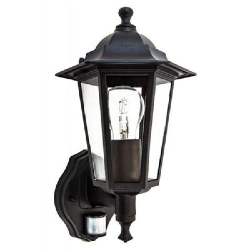Image of Happy Homewares Traditional Sensor Controlled Outdoor Lantern Wall Light Fitting In Matt Black