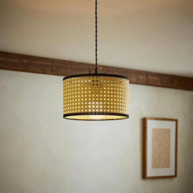 Image of ValueLights ValueLights Reni Natural Cane with Black Trim Easy Fit Drum Ceiling Lamp Shade Size: Small Natural Small Unisex 5016529263005