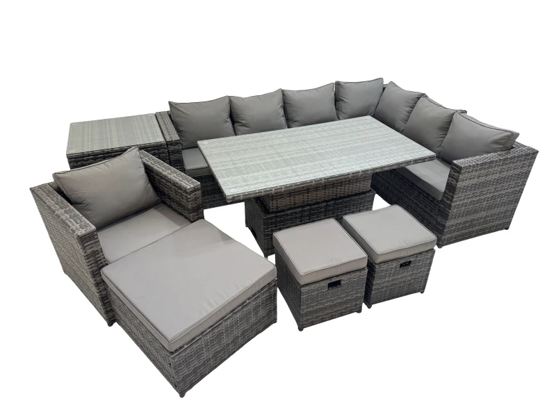 Image of Fimous 10 Seater Rattan Corner Sofa Sets with Chair 3 Stools Side Table in Dark Grey Dark Grey Unisex