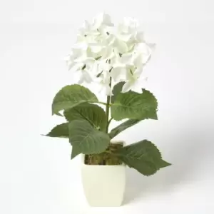 Image of Homescapes - Small Cream Artificial Hydrangea Flower in Cream Pot, 38cm Tall - Cream
