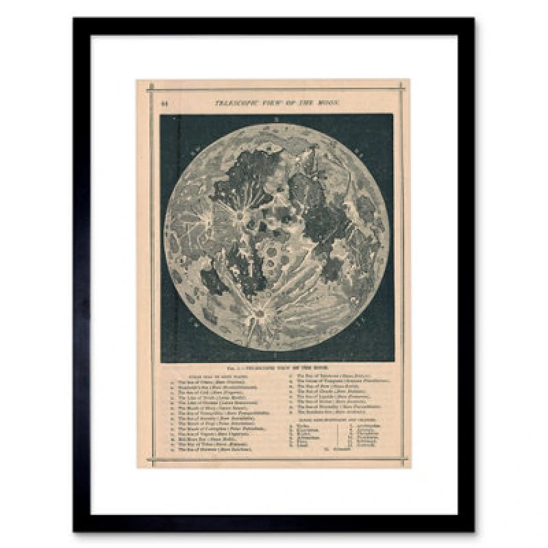 Image of Artery8 Map Illustrated Antique Telescopic Moon 12X16" Framed Wall Art Print