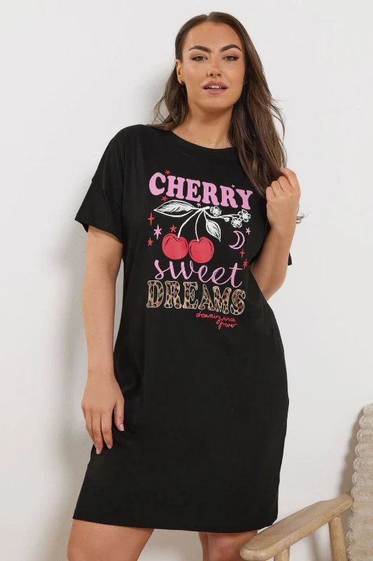 Image of Yours Womens Cherry & Leopard Print Sleep Tee Nightdress in Black Size: 26-28 Black Female 26-28