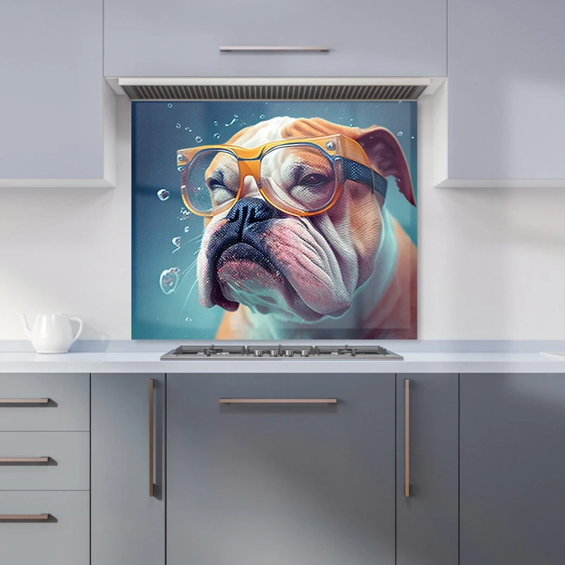 Image of Warren Reed - Designer Bulldog With Glasses Splashart Kitchen Splashback in Brown Size: 700mm x 650mm Brown Unisex 700mm x 650mm