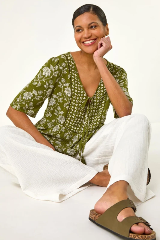 Image of Roman Womens Floral Print Tassel Tunic Top in Olive Size: 12 Olive Female 12